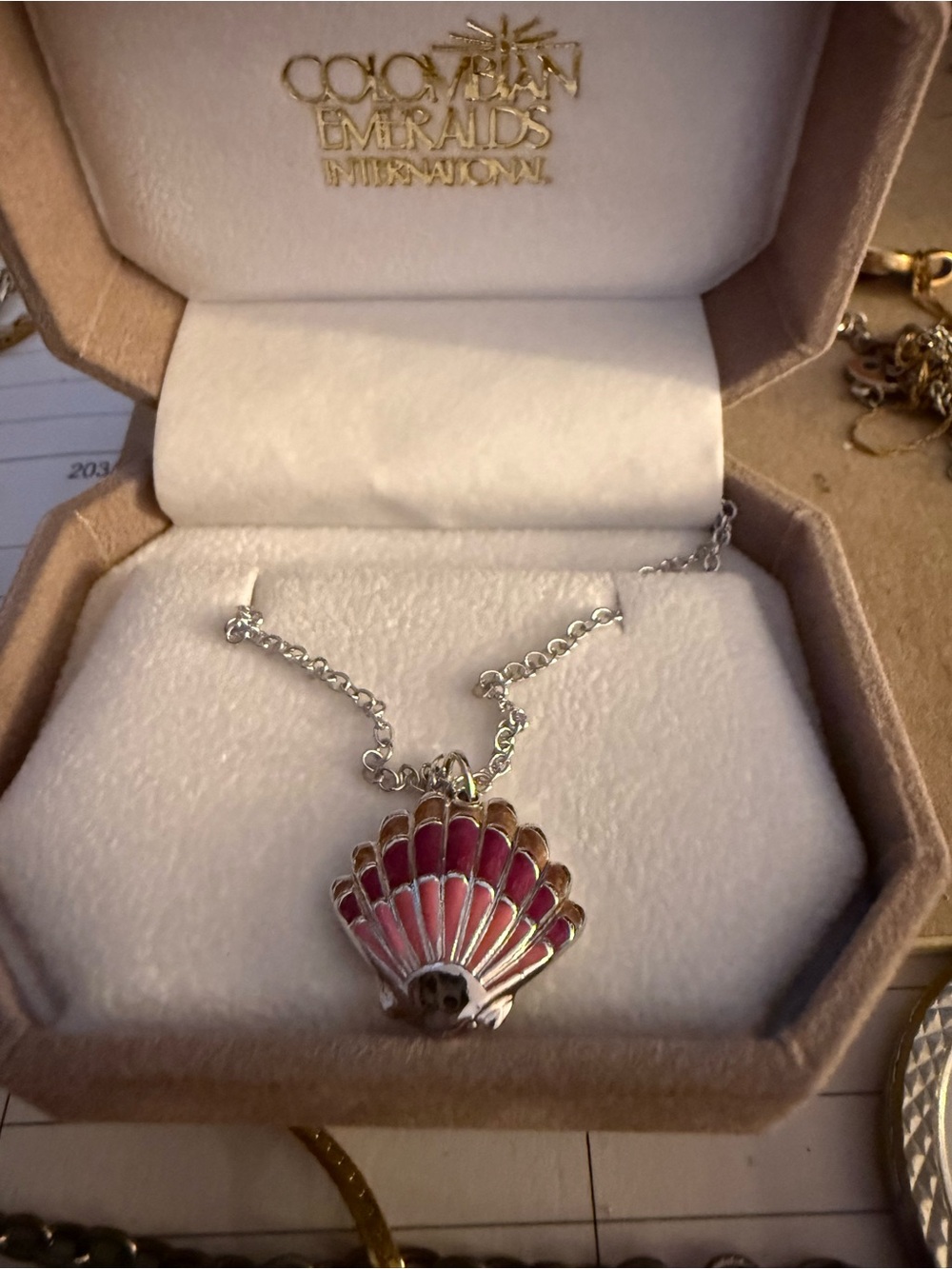 Colombian Emeralds Pink Enamel Shell Pendant Necklace